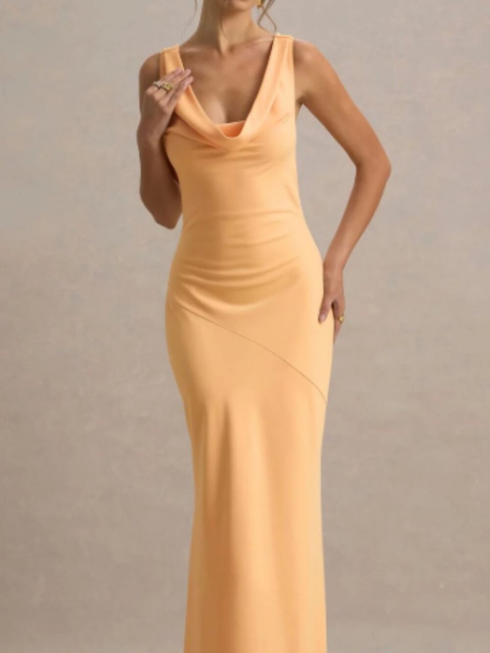 Club London Peach Satin Cowl-Neck Maxi Dress